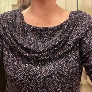 Alex Evenings Glittering Top Cowl Neck 3/4 Sleeves, Iridescent Clusters Blk Bkgd